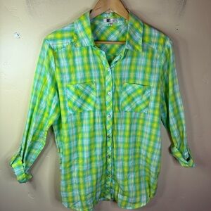 Kut From The Kloth Summer‎ Weight Roll Tab Sleeve Tartan Plaid Lemon Lime Medium